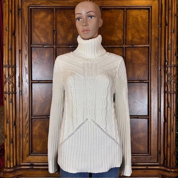 Jones New York Ivory Cable Knit Ribbed Turtleneck Cotton Blend Sweater - Picture 1 of 14
